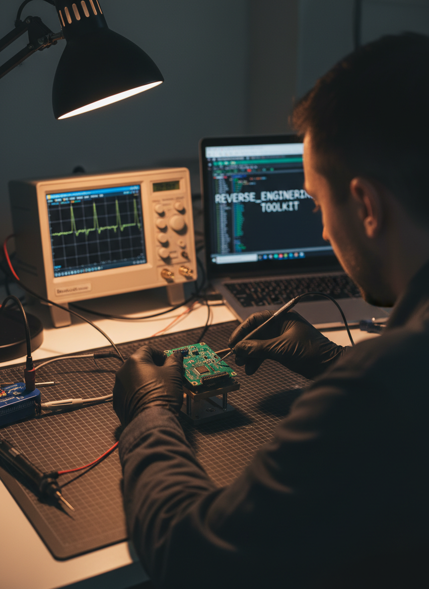 Security researcher probing a medical device PCB in a hardware lab with an oscilloscope in the background