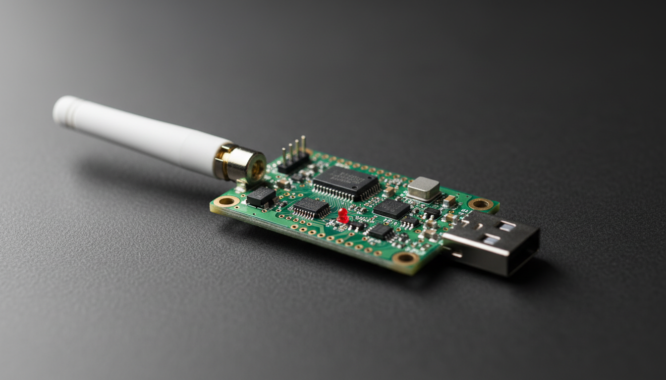 Ubertooth-style BLE sniffer — a green PCB with a white dipole antenna and USB connector used for Bluetooth Low Energy packet capture