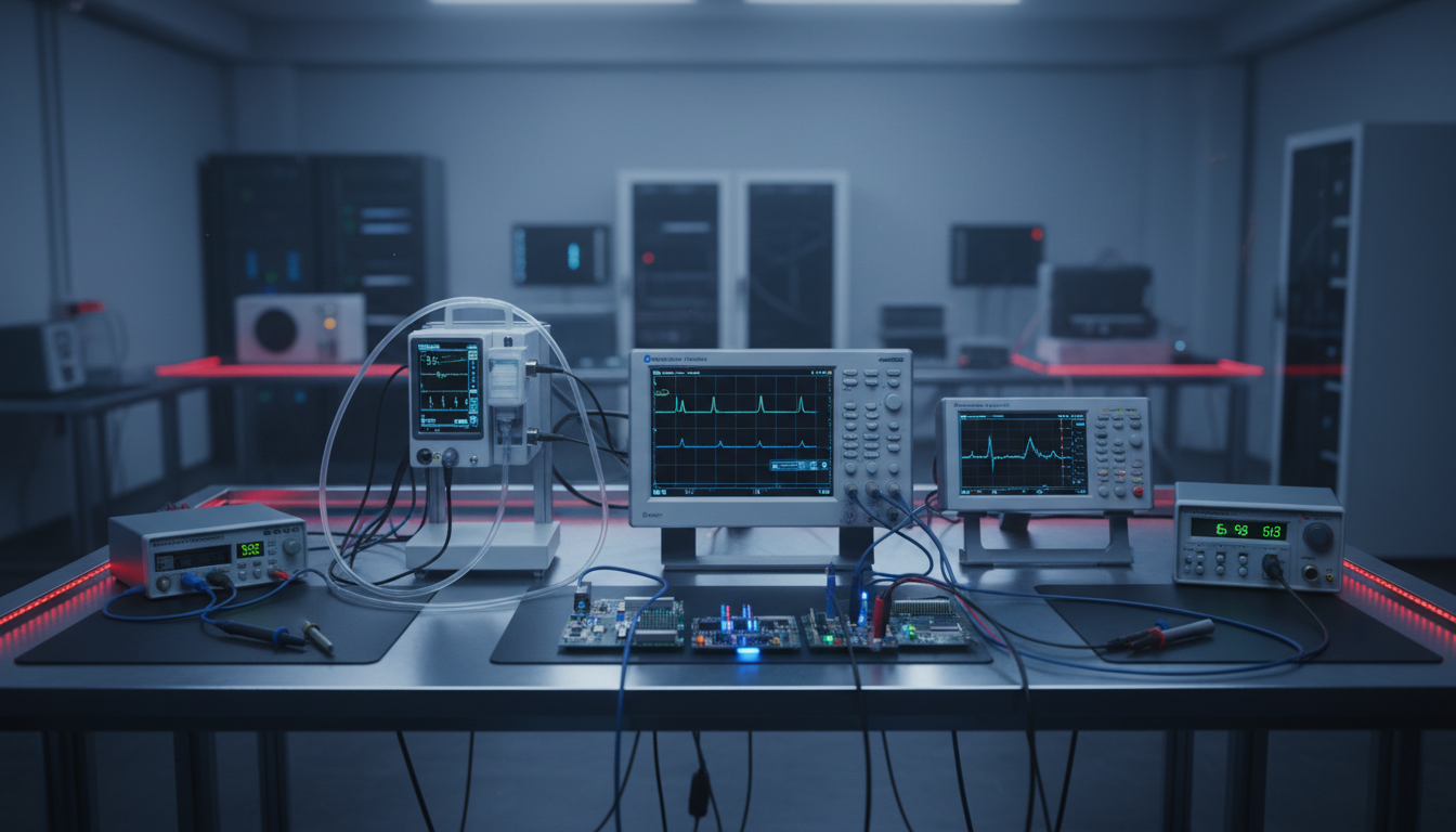 Hardware security testing lab with medical devices, oscilloscopes, and diagnostic equipment
