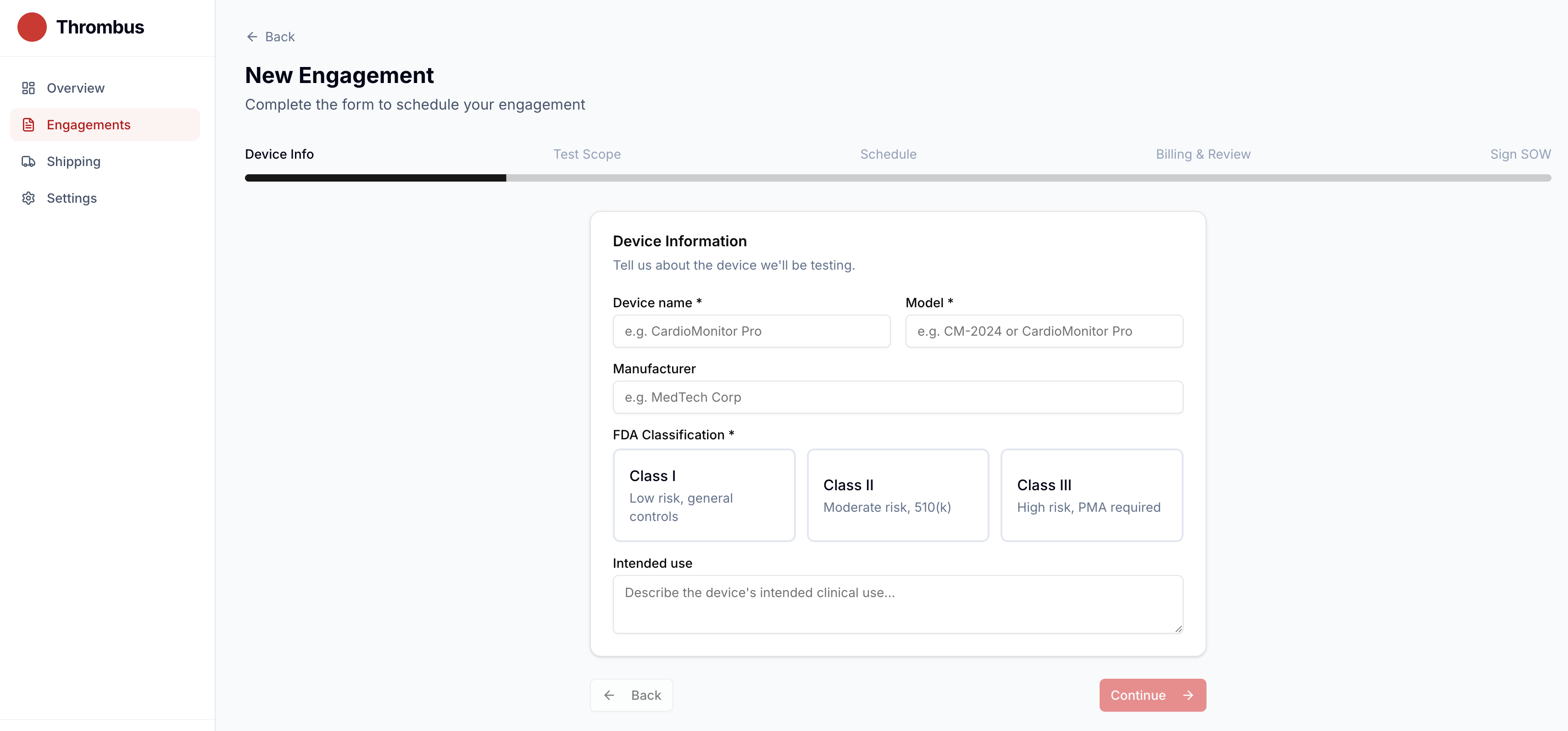 Thrombus platform — New Engagement form showing device information, test scope, and FDA classification